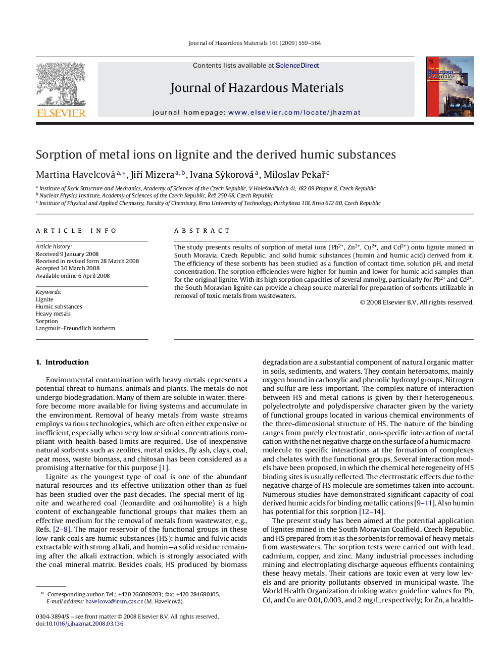 Sorption of metal ions on lignite and the derived humic substances