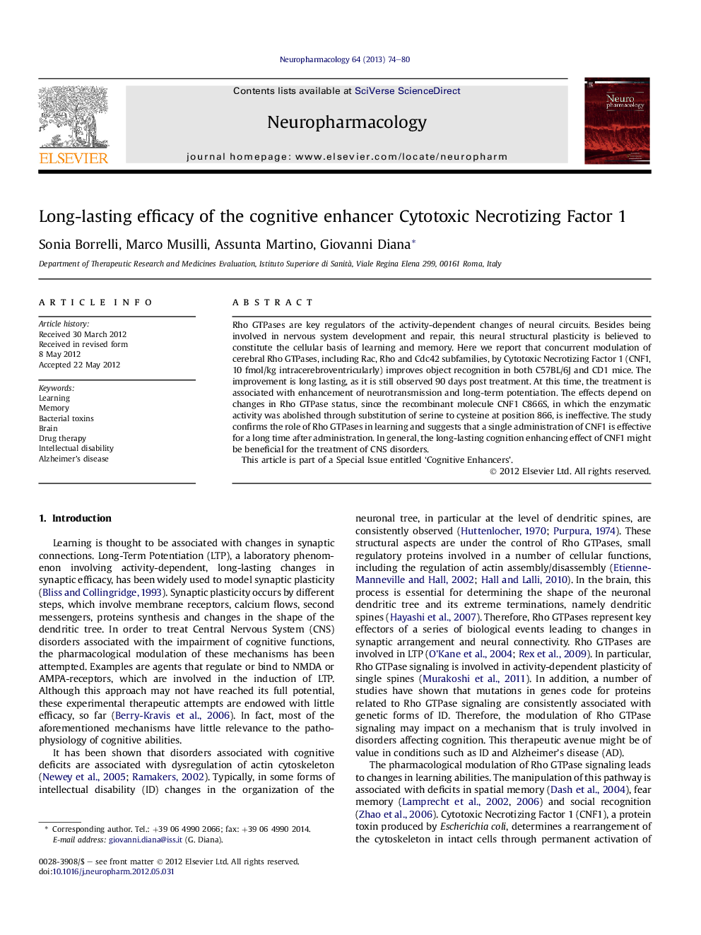 Long-lasting efficacy of the cognitive enhancer Cytotoxic Necrotizing Factor 1