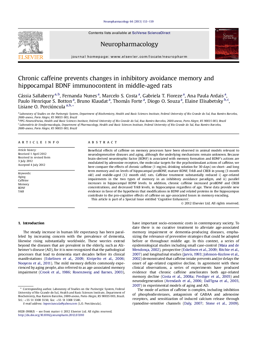 Chronic caffeine prevents changes in inhibitory avoidance memory and hippocampal BDNF immunocontent in middle-aged rats