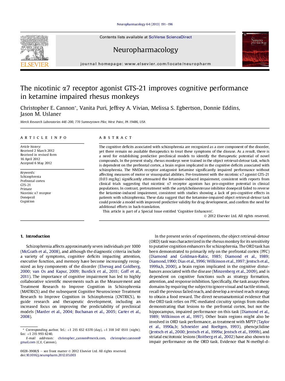 The nicotinic Î±7 receptor agonist GTS-21 improves cognitive performance inÂ ketamine impaired rhesus monkeys