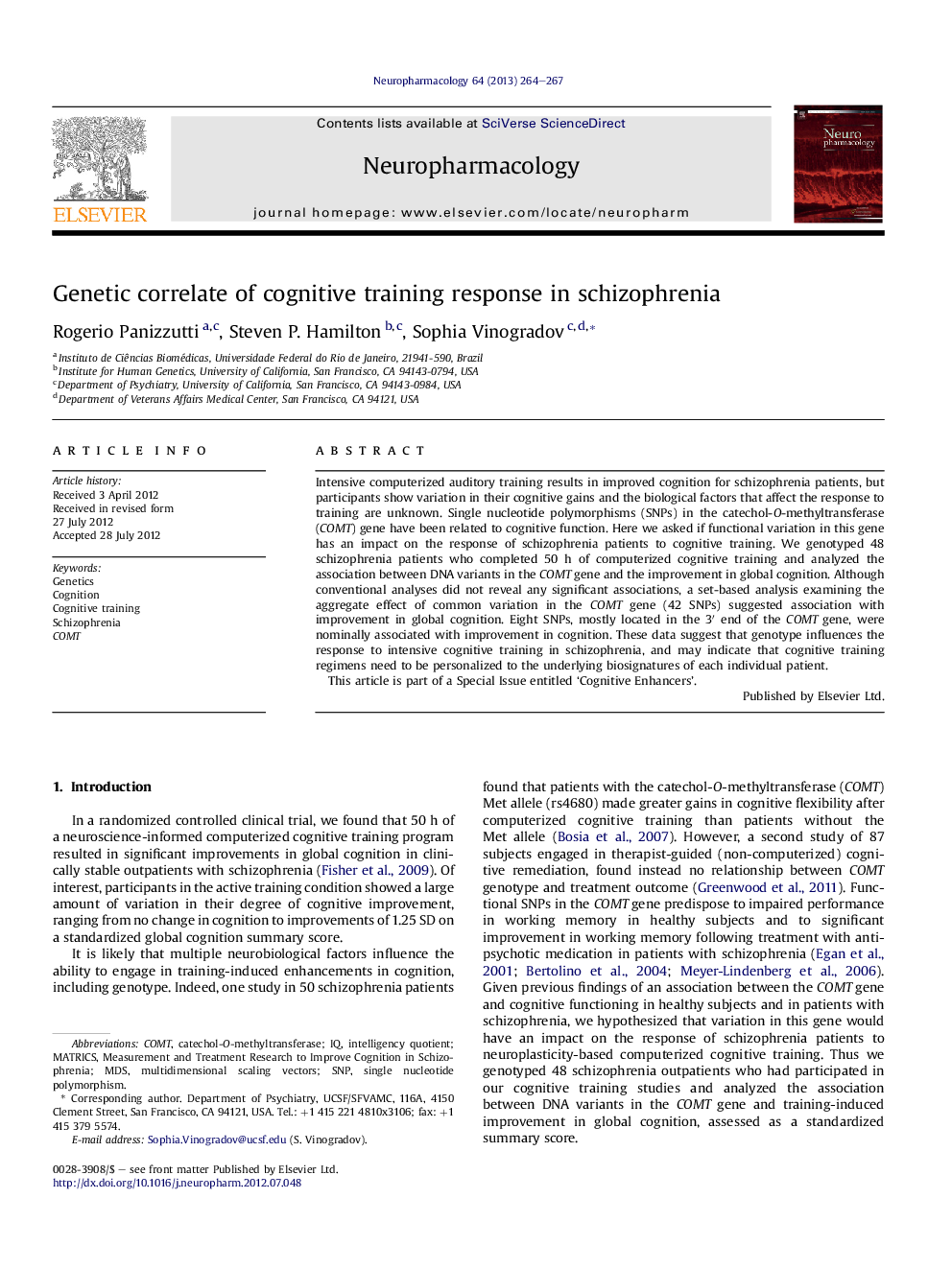 Genetic correlate of cognitive training response in schizophrenia