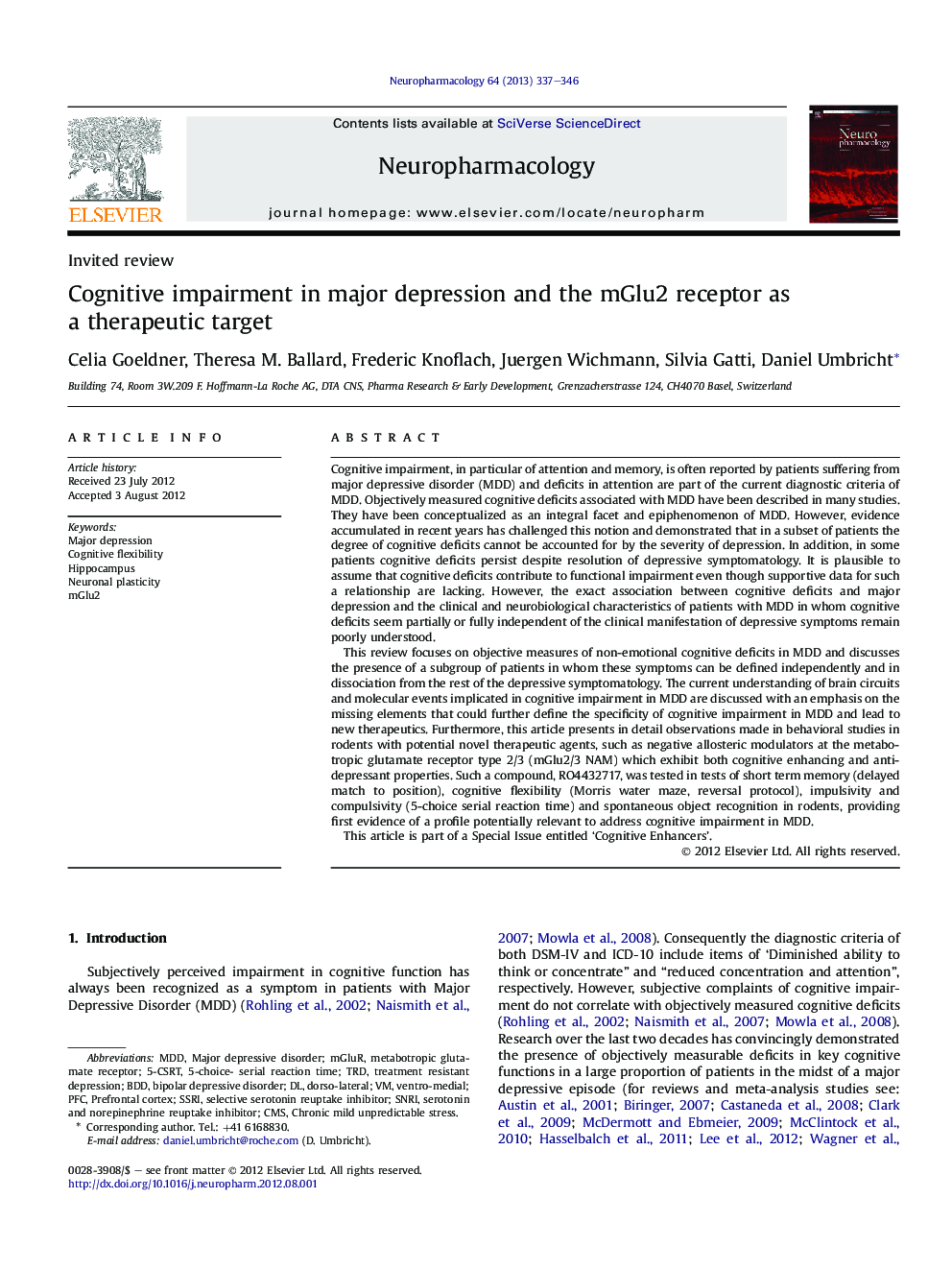 Cognitive impairment in major depression and the mGlu2 receptor as a therapeutic target