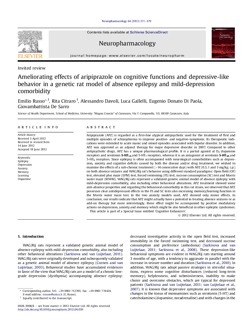 Ameliorating effects of aripiprazole on cognitive functions and depressive-like behavior in a genetic rat model of absence epilepsy and mild-depression comorbidity
