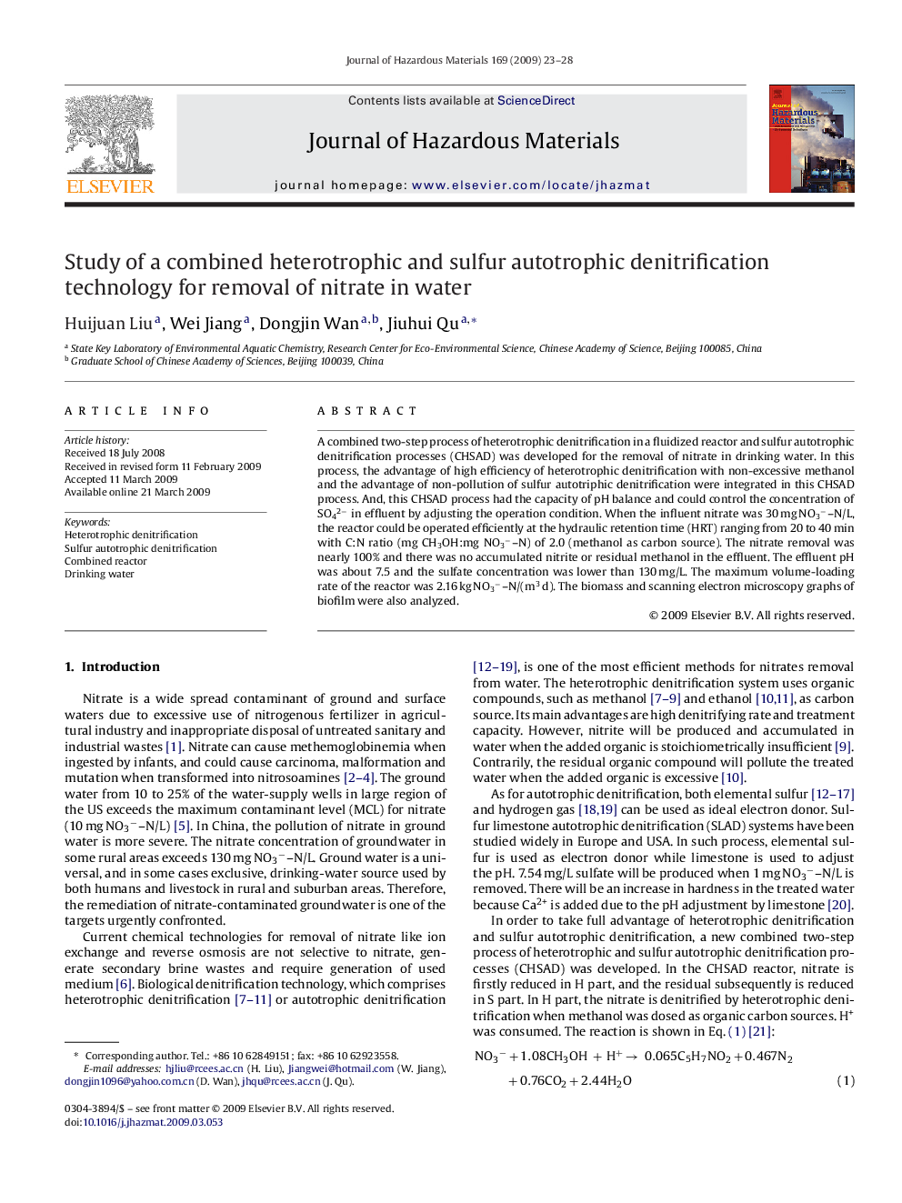 Study of a combined heterotrophic and sulfur autotrophic denitrification technology for removal of nitrate in water