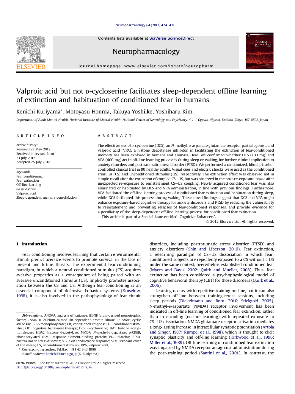 Valproic acid but not d-cycloserine facilitates sleep-dependent offline learning of extinction and habituation of conditioned fear in humans