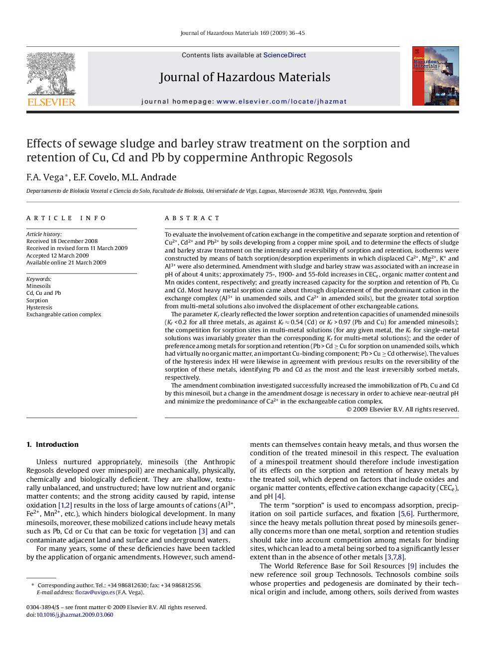 Effects of sewage sludge and barley straw treatment on the sorption and retention of Cu, Cd and Pb by coppermine Anthropic Regosols