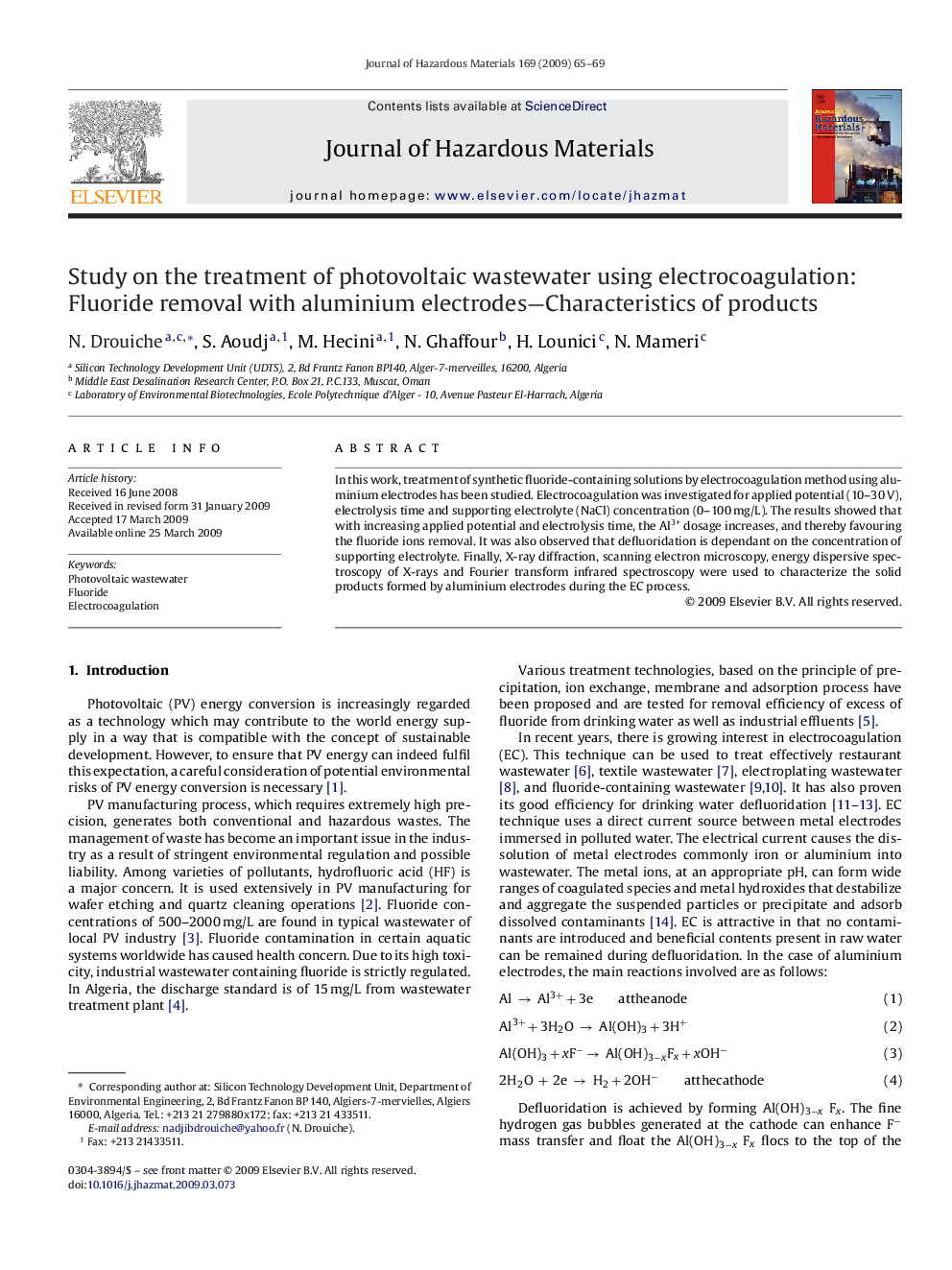 Study on the treatment of photovoltaic wastewater using electrocoagulation: Fluoride removal with aluminium electrodes-Characteristics of products