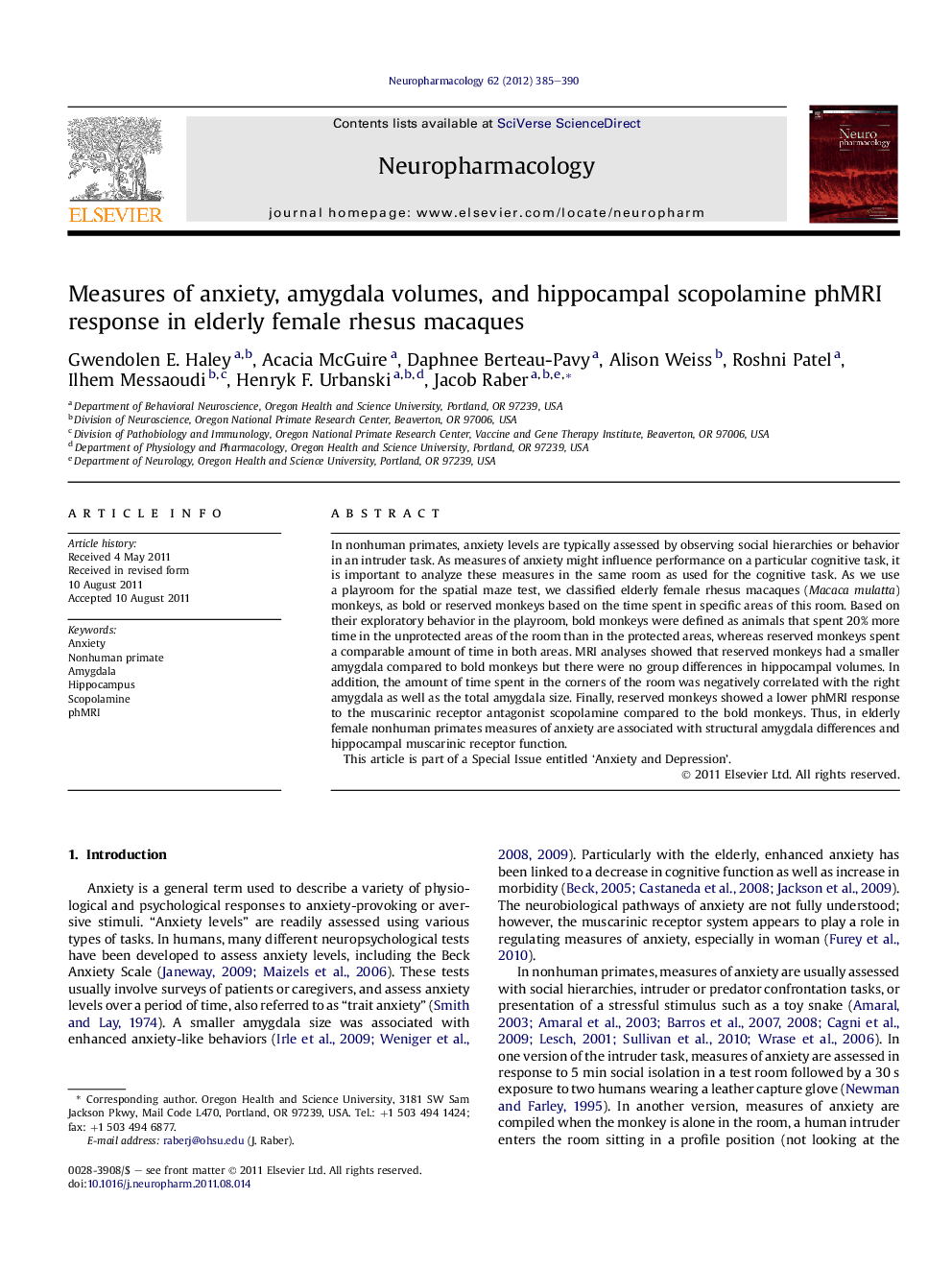 Measures of anxiety, amygdala volumes, and hippocampal scopolamine phMRI response in elderly female rhesus macaques