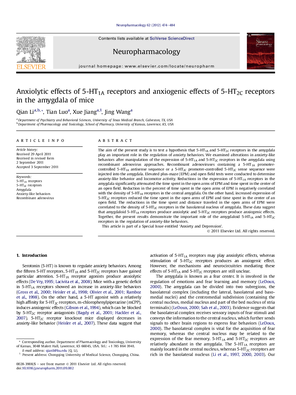 Anxiolytic effects of 5-HT1A receptors and anxiogenic effects of 5-HT2C receptors in the amygdala of mice