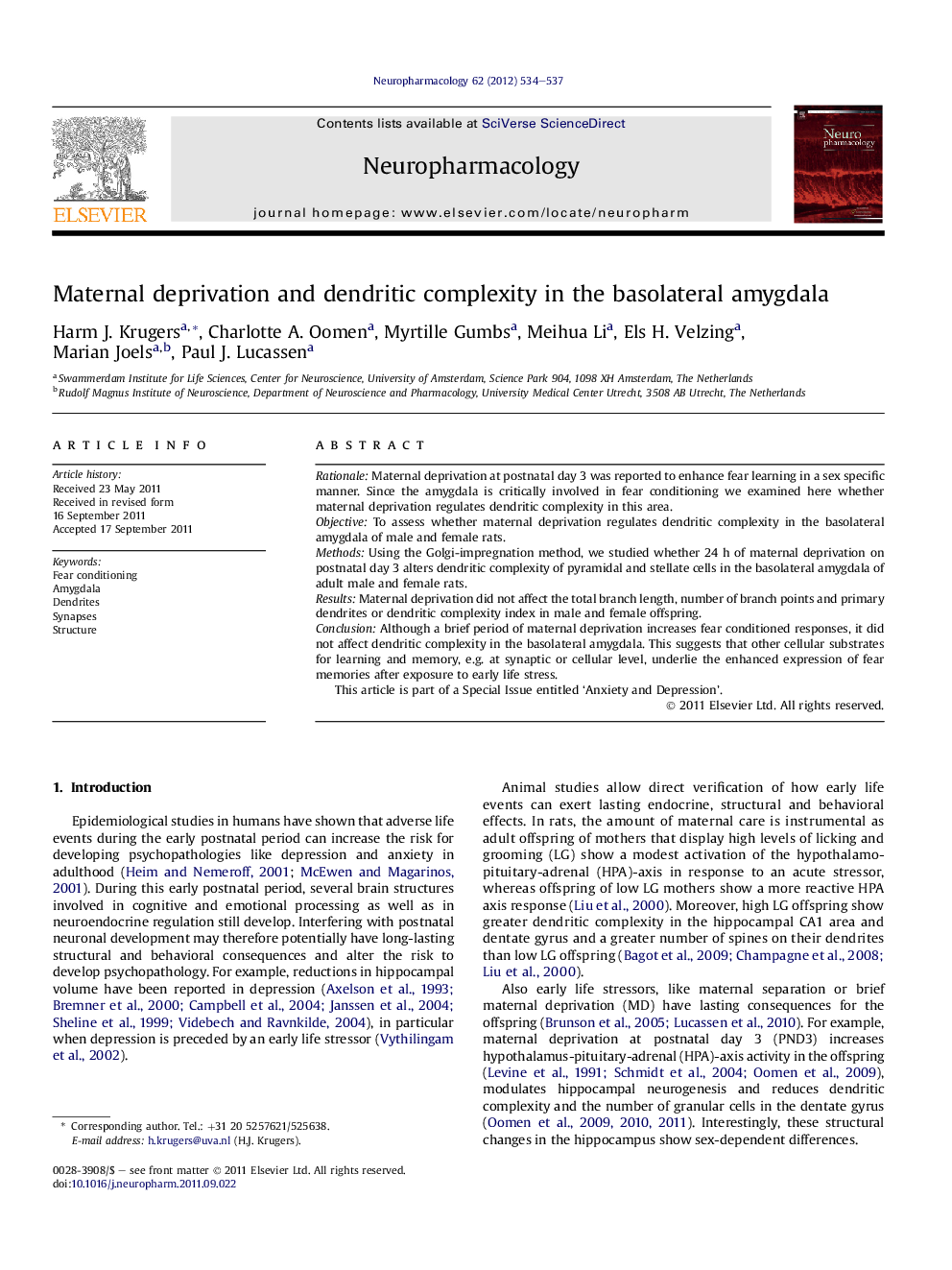 Maternal deprivation and dendritic complexity in the basolateral amygdala