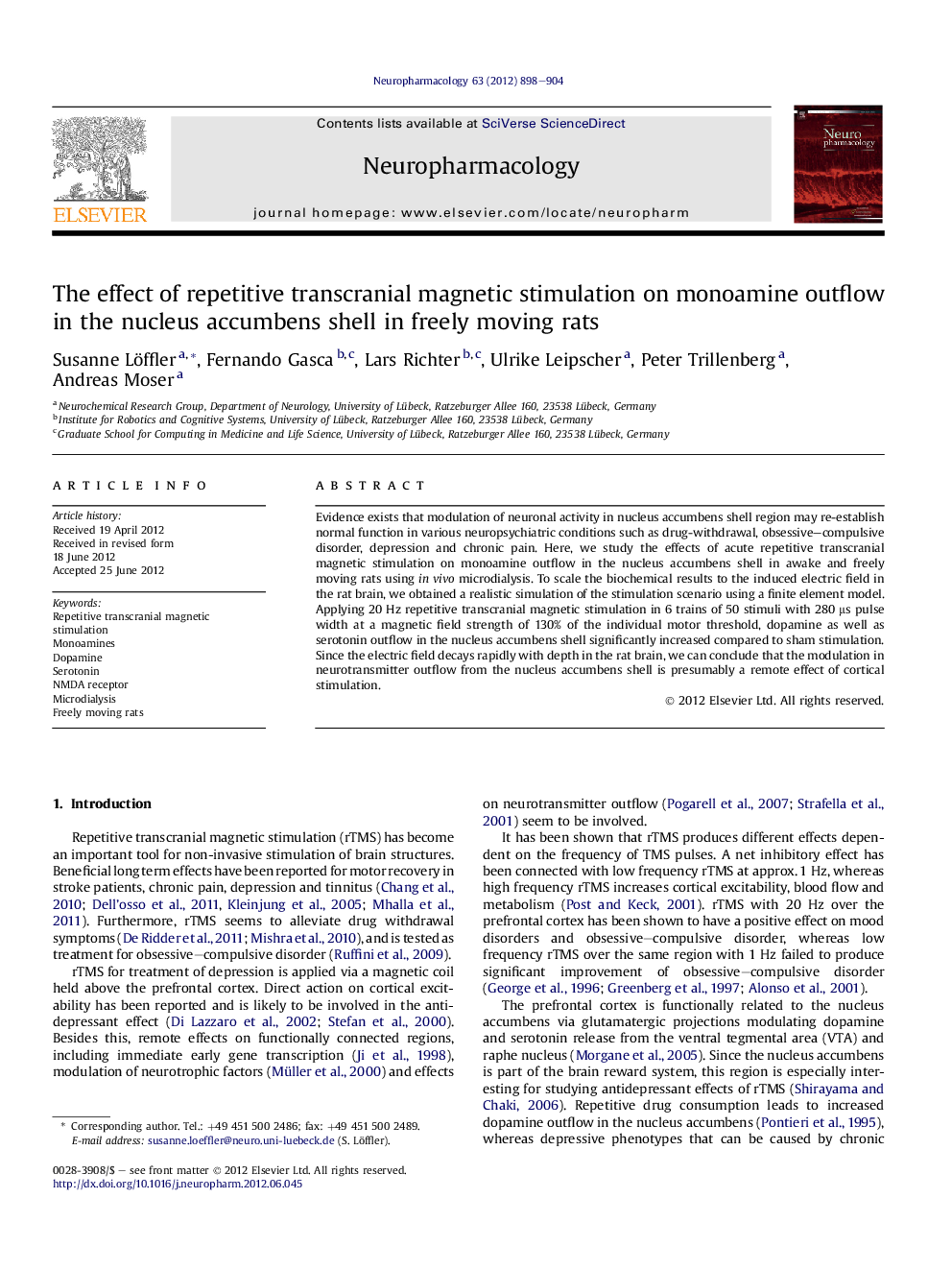 The effect of repetitive transcranial magnetic stimulation on monoamine outflow in the nucleus accumbens shell in freely moving rats