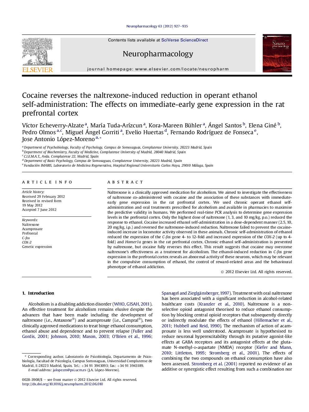 Cocaine reverses the naltrexone-induced reduction in operant ethanol self-administration: The effects on immediate-early gene expression in the rat prefrontal cortex