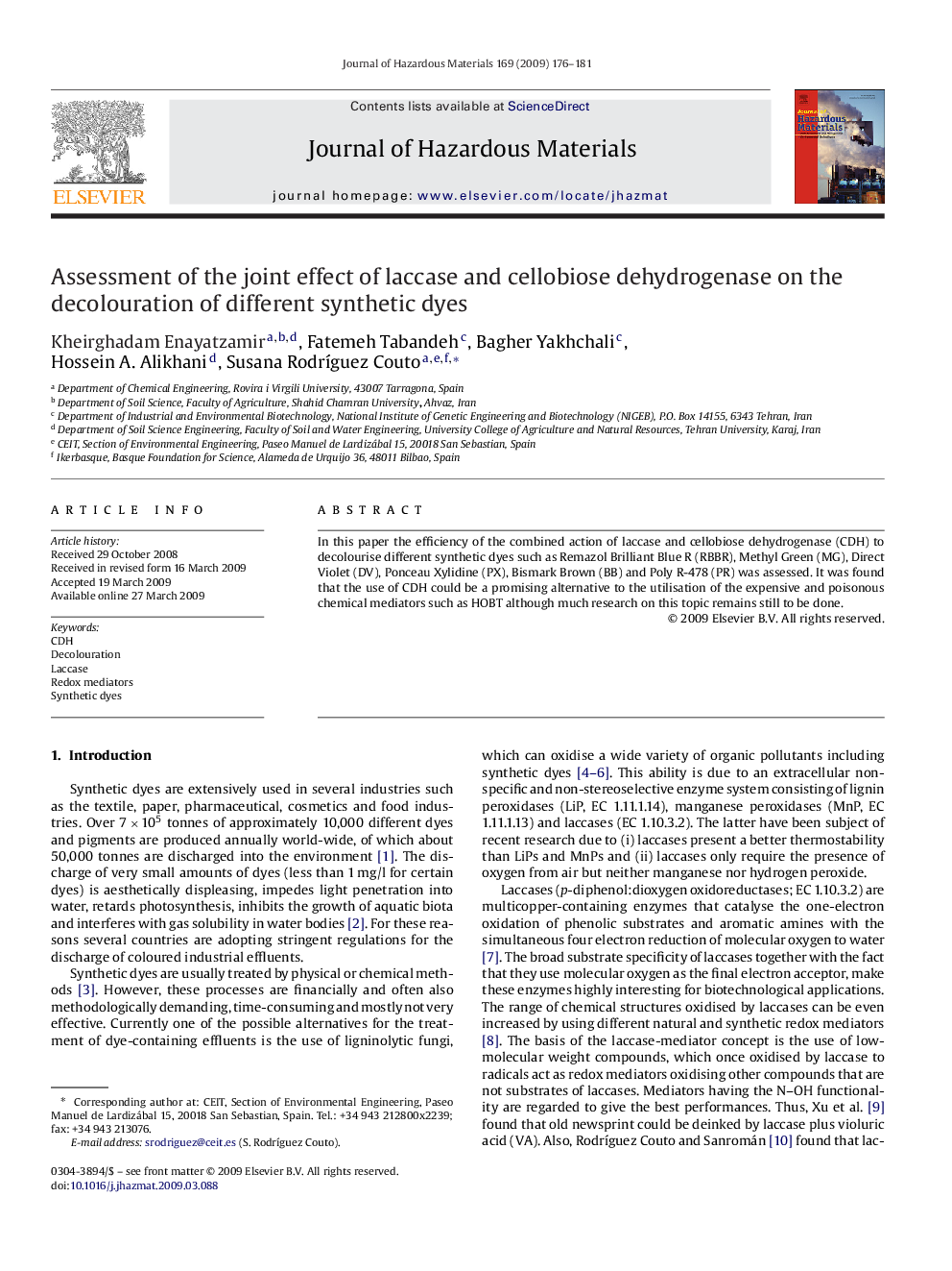 Assessment of the joint effect of laccase and cellobiose dehydrogenase on the decolouration of different synthetic dyes