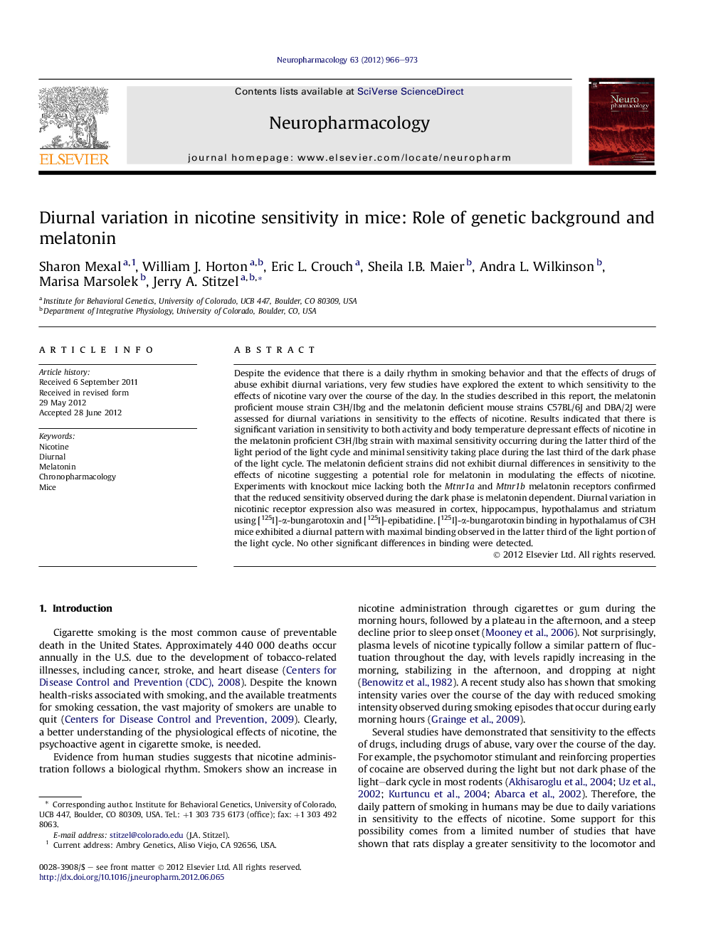 Diurnal variation in nicotine sensitivity in mice: Role of genetic background and melatonin