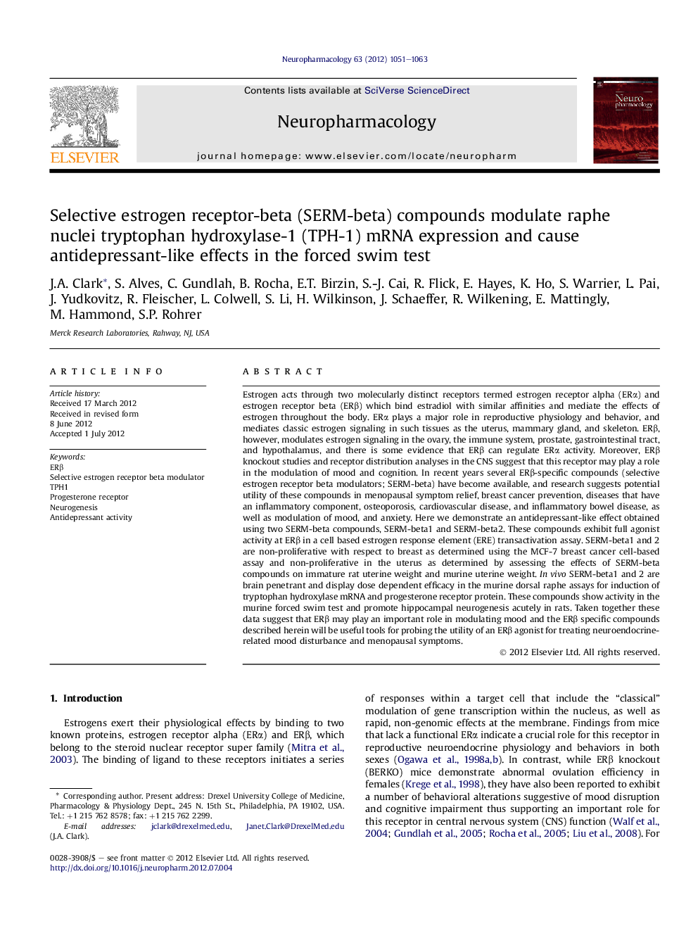 Selective estrogen receptor-beta (SERM-beta) compounds modulate raphe nuclei tryptophan hydroxylase-1 (TPH-1) mRNA expression and cause antidepressant-like effects in the forced swim test