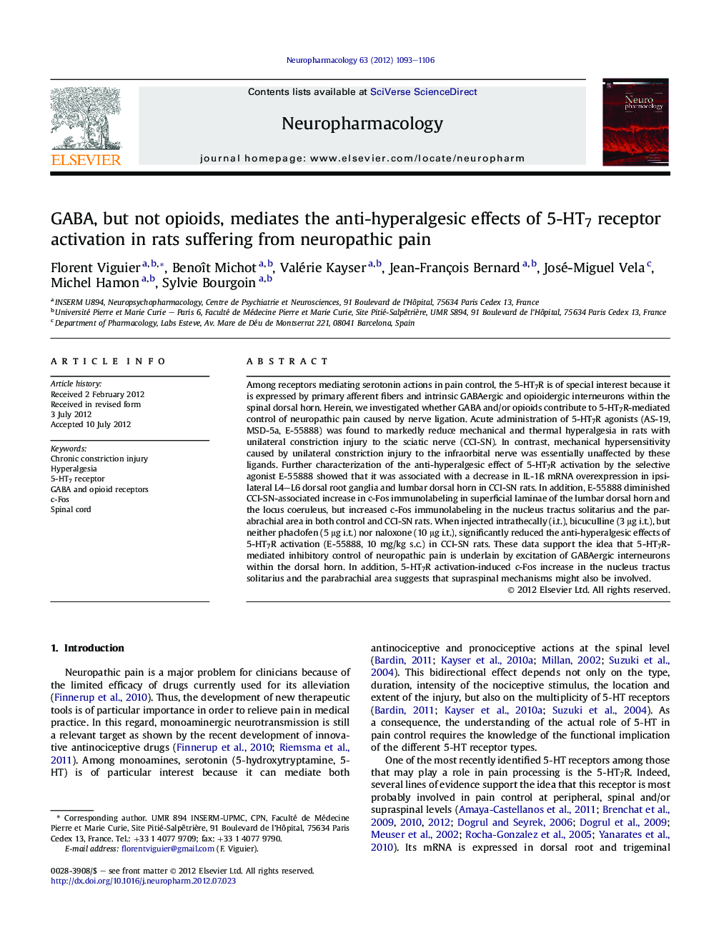 GABA, but not opioids, mediates the anti-hyperalgesic effects of 5-HT7 receptor activation in rats suffering from neuropathic pain