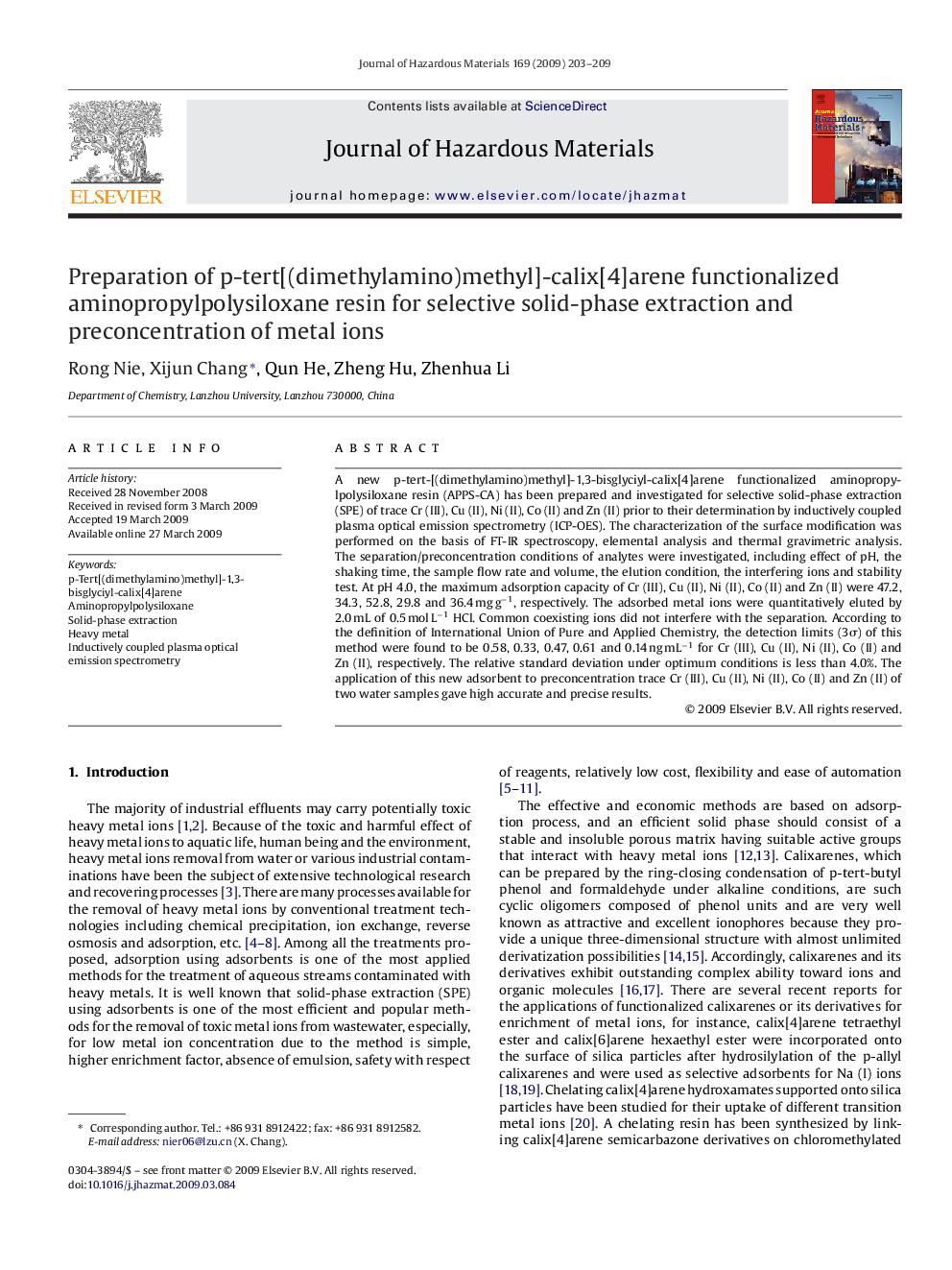 Preparation of p-tert[(dimethylamino)methyl]-calix[4]arene functionalized aminopropylpolysiloxane resin for selective solid-phase extraction and preconcentration of metal ions