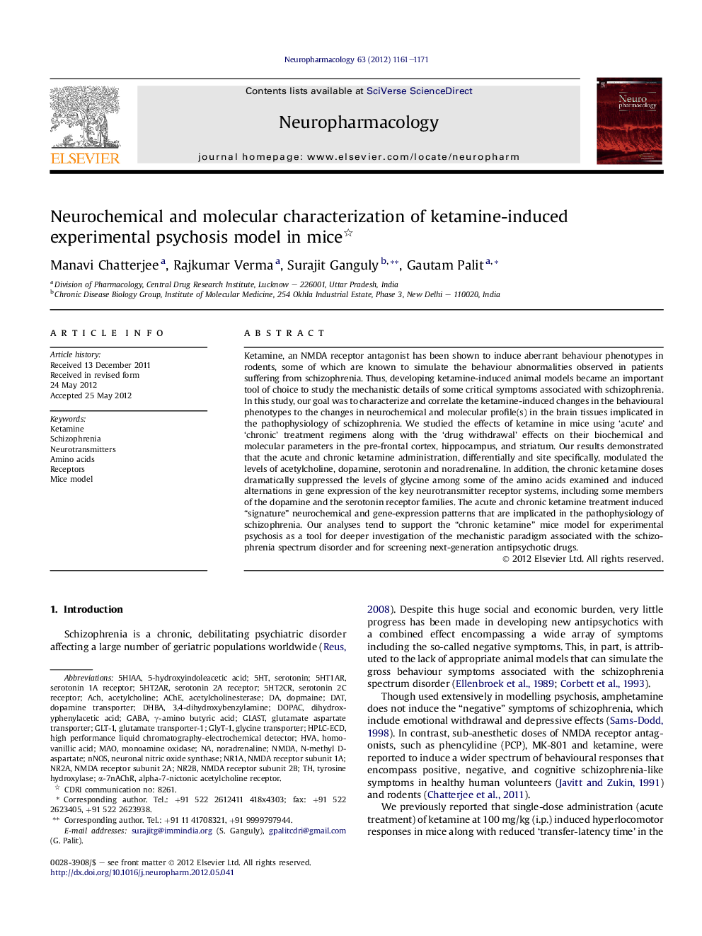 Neurochemical and molecular characterization of ketamine-induced experimental psychosis model in mice