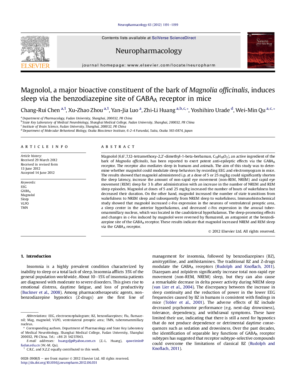 Magnolol, a major bioactive constituent of the bark of Magnolia officinalis, induces sleep via the benzodiazepine site of GABAA receptor in mice