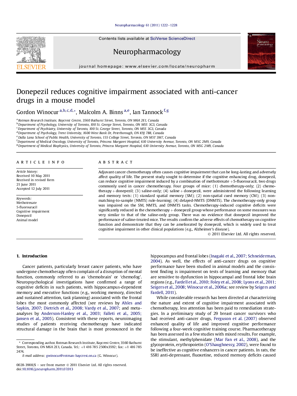 Donepezil reduces cognitive impairment associated with anti-cancer drugs in a mouse model