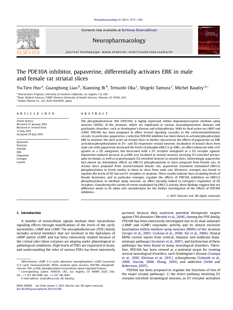 The PDE10A inhibitor, papaverine, differentially activates ERK in male and female rat striatal slices