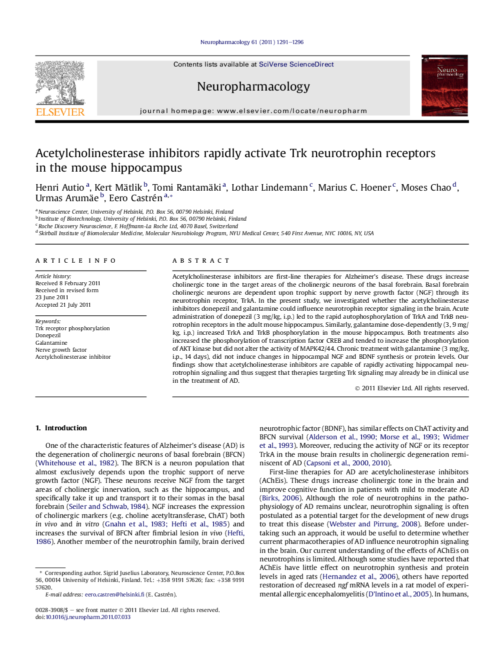 Acetylcholinesterase inhibitors rapidly activate Trk neurotrophin receptors in the mouse hippocampus