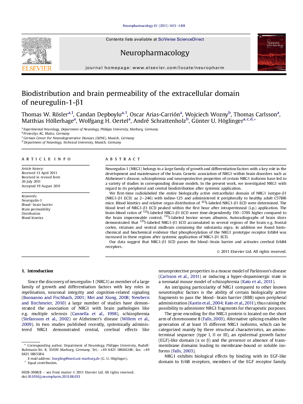 Biodistribution and brain permeability of the extracellular domain of neuregulin-1-Î²1