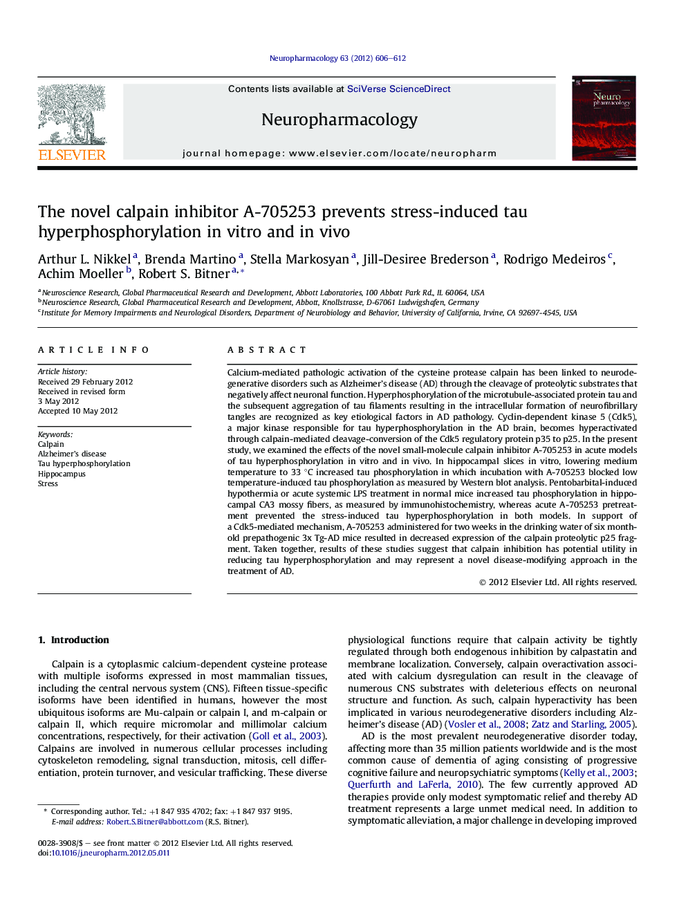 The novel calpain inhibitor A-705253 prevents stress-induced tau hyperphosphorylation inÂ vitro and inÂ vivo