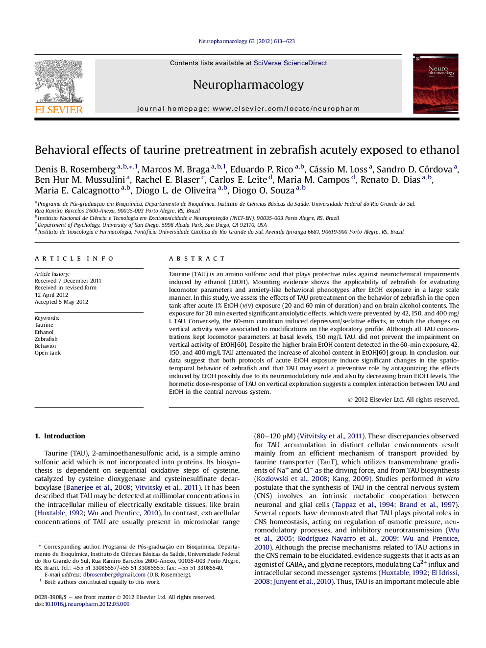 Behavioral effects of taurine pretreatment in zebrafish acutely exposed to ethanol