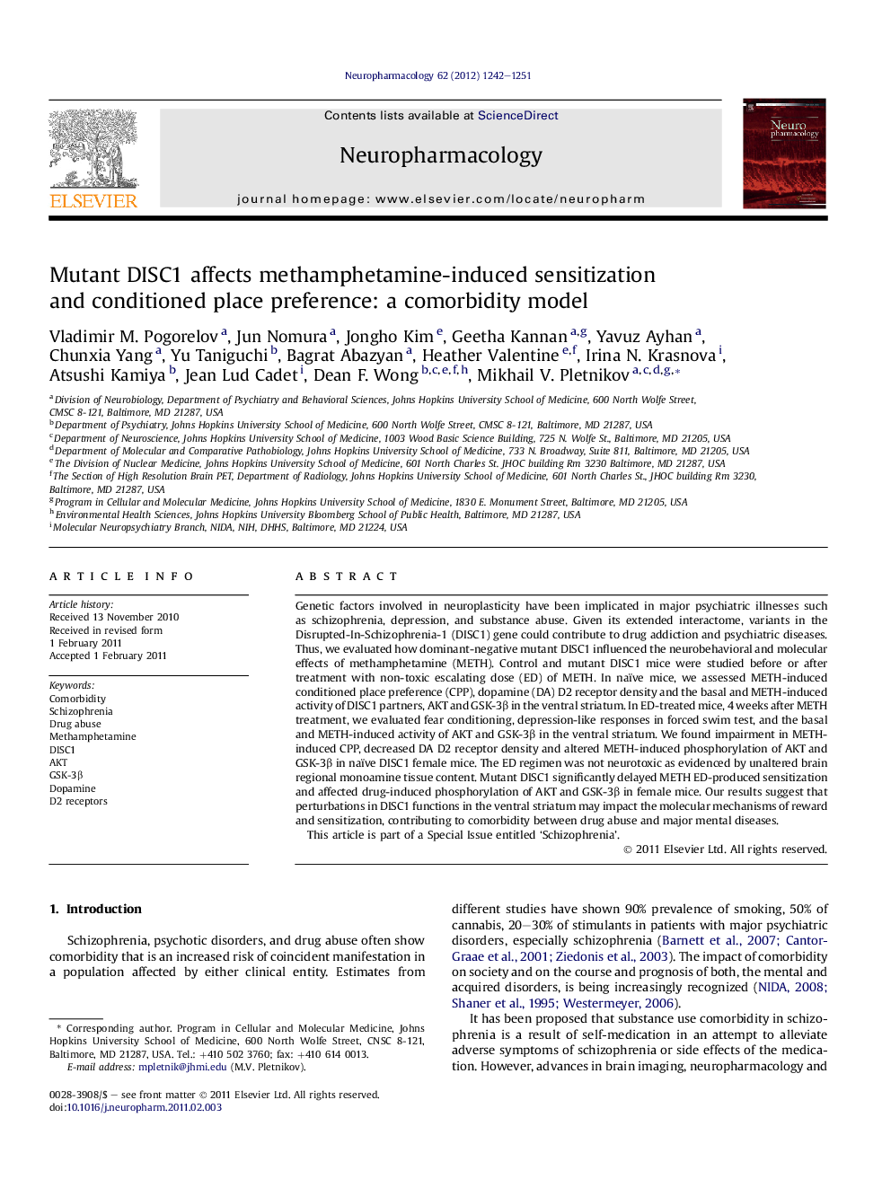 Mutant DISC1 affects methamphetamine-induced sensitization and conditioned place preference: a comorbidity model