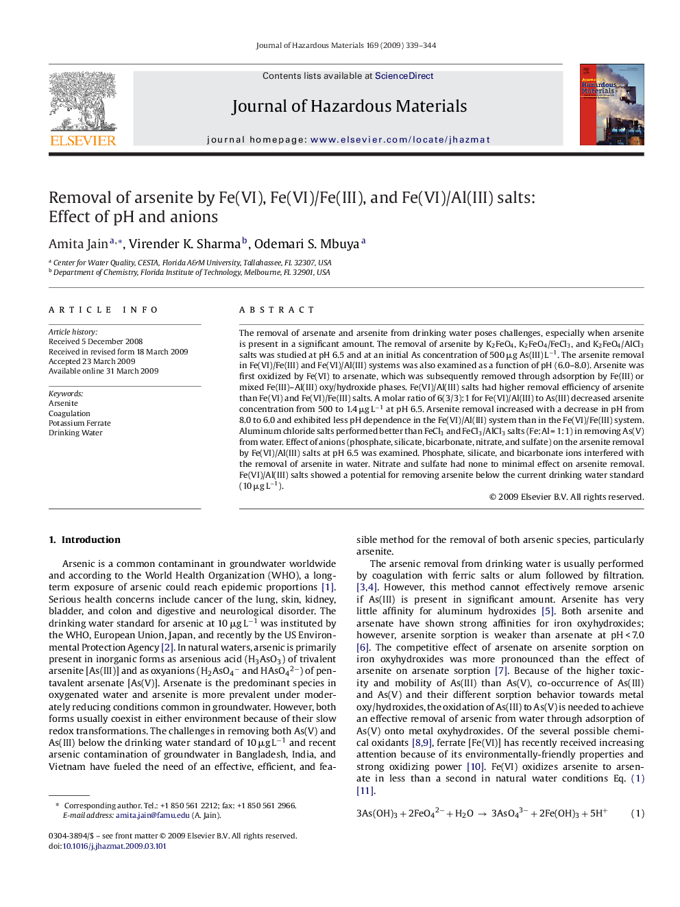 Removal of arsenite by Fe(VI), Fe(VI)/Fe(III), and Fe(VI)/Al(III) salts: Effect of pH and anions