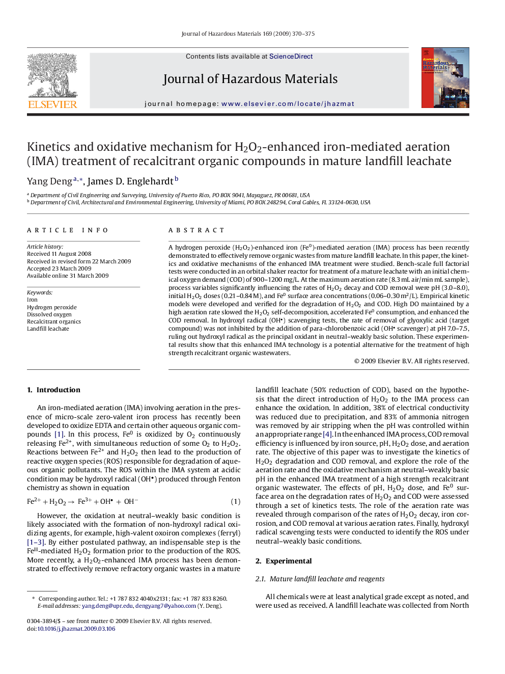 عکس صفحه اول مقاله: Kinetics and oxidative mechanism for H2O2-enhanced iron-mediated aeration (IMA) treatment of recalcitrant organic compounds in mature landfill leachate Kinetics and oxidative mechanism for H2O2-enhanced iron-mediated aeration (IMA) treatment of recalcitrant organic compounds in mature landfill leachate