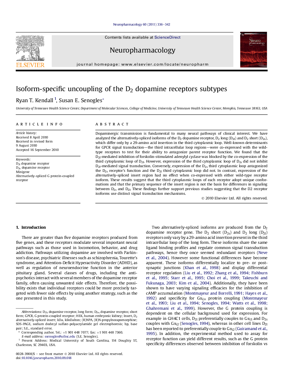 Isoform-specific uncoupling of the D2 dopamine receptors subtypes