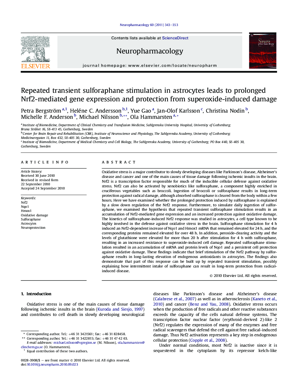 Repeated transient sulforaphane stimulation in astrocytes leads to prolonged Nrf2-mediated gene expression and protection from superoxide-induced damage