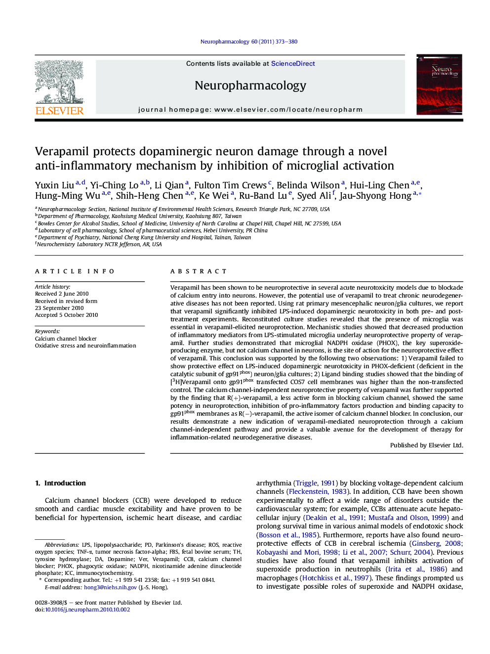 Verapamil protects dopaminergic neuron damage through a novel anti-inflammatory mechanism by inhibition of microglial activation