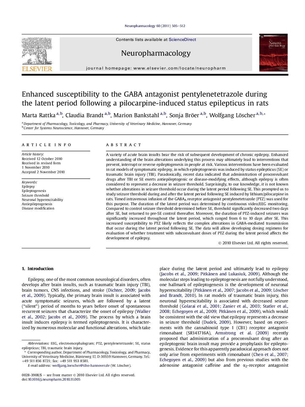 Enhanced susceptibility to the GABA antagonist pentylenetetrazole during the latent period following a pilocarpine-induced status epilepticus in rats