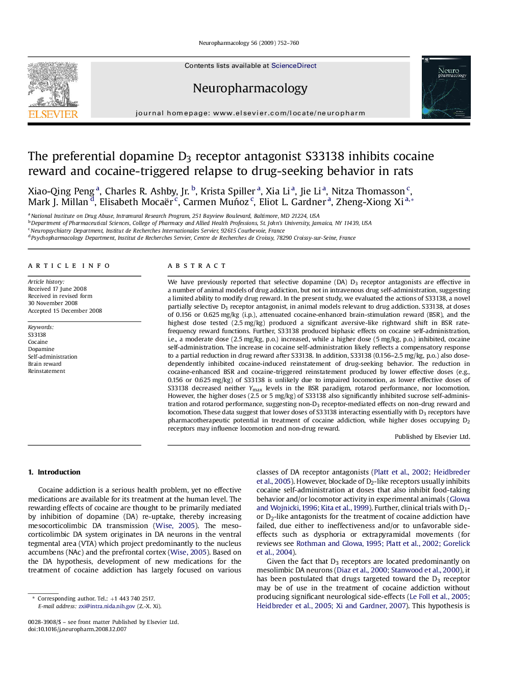 The preferential dopamine D3 receptor antagonist S33138 inhibits cocaine reward and cocaine-triggered relapse to drug-seeking behavior in rats