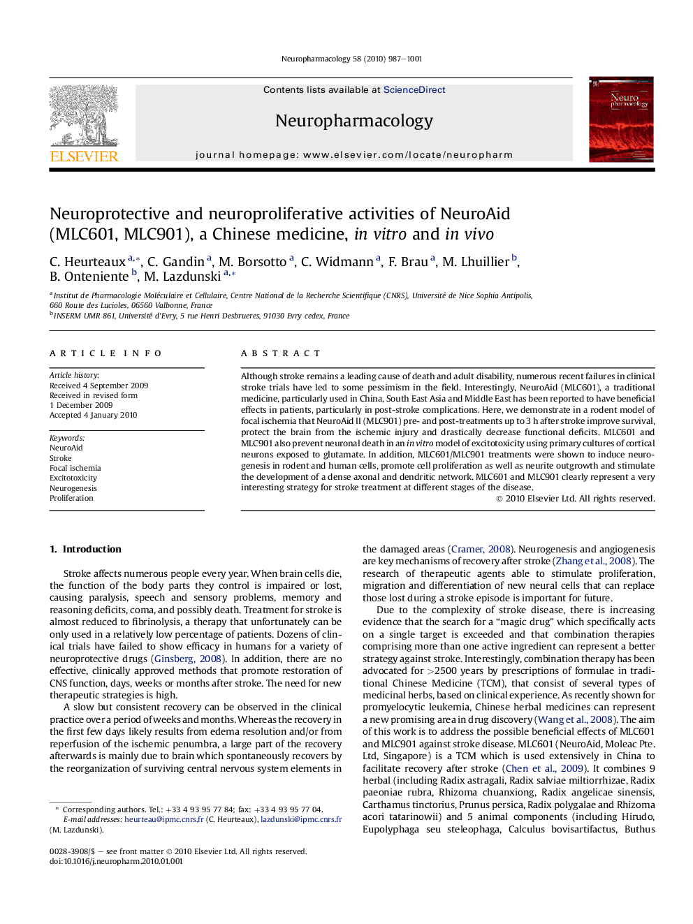 Neuroprotective and neuroproliferative activities of NeuroAid (MLC601, MLC901), a Chinese medicine, in vitro and in vivo