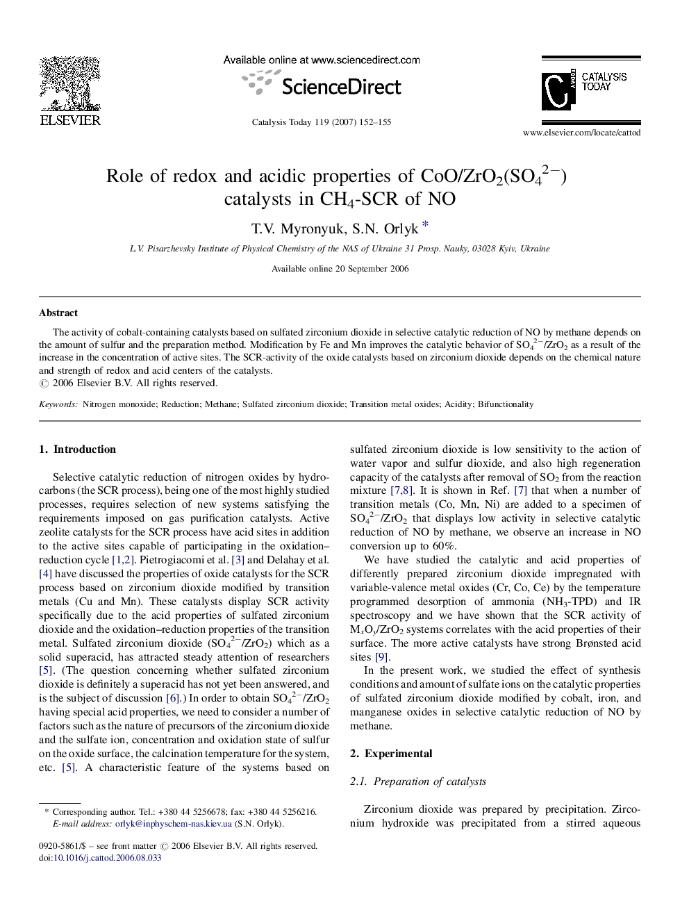 Role of redox and acidic properties of CoO/ZrO2(SO42−) catalysts in CH4-SCR of NO