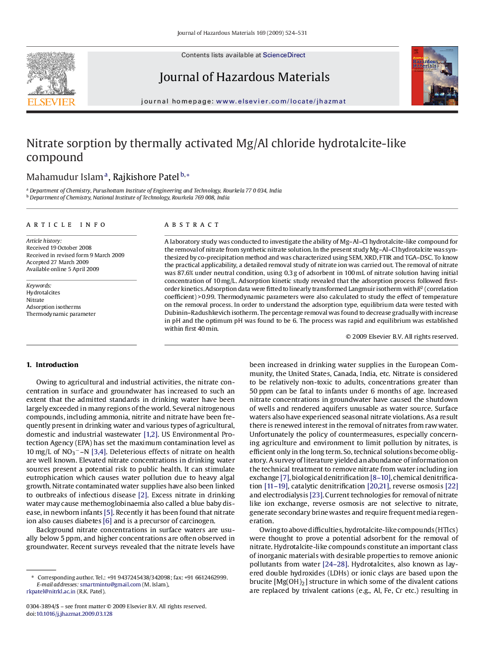 Nitrate sorption by thermally activated Mg/Al chloride hydrotalcite-like compound