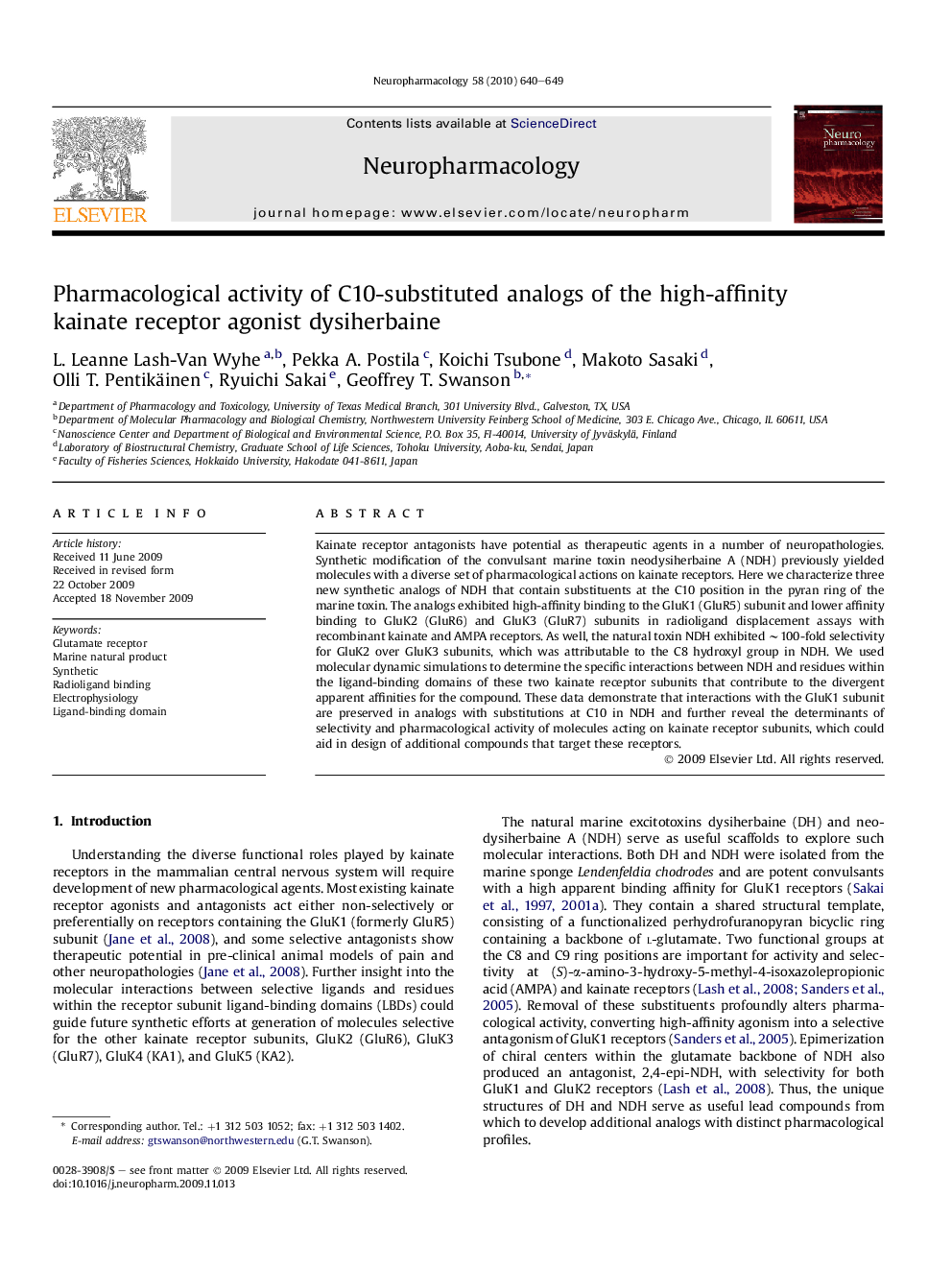 Pharmacological activity of C10-substituted analogs of the high-affinity kainate receptor agonist dysiherbaine