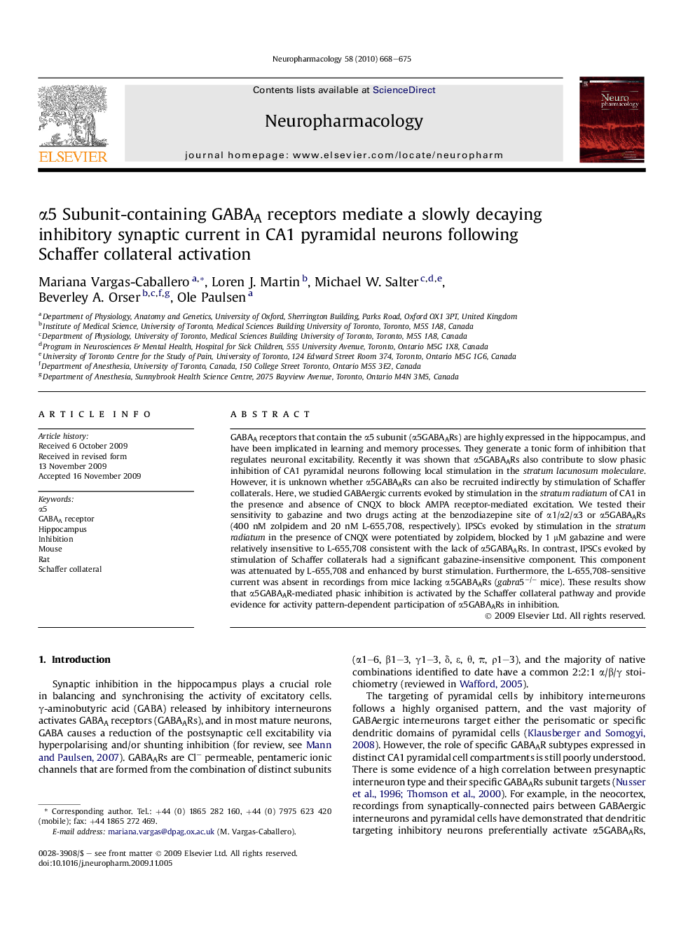 Î±5 Subunit-containing GABAA receptors mediate a slowly decaying inhibitory synaptic current in CA1 pyramidal neurons following Schaffer collateral activation