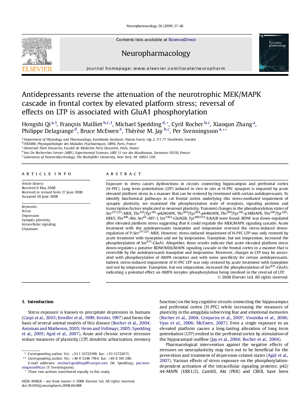 Antidepressants reverse the attenuation of the neurotrophic MEK/MAPK cascade in frontal cortex by elevated platform stress; reversal of effects on LTP is associated with GluA1 phosphorylation