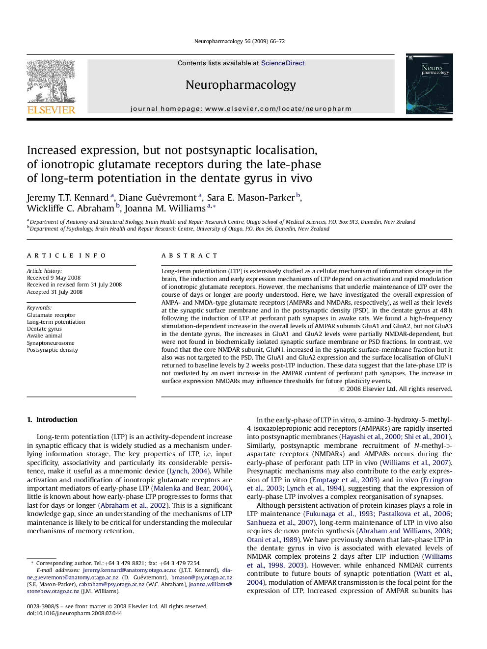 Increased expression, but not postsynaptic localisation, of ionotropic glutamate receptors during the late-phase of long-term potentiation in the dentate gyrus in vivo