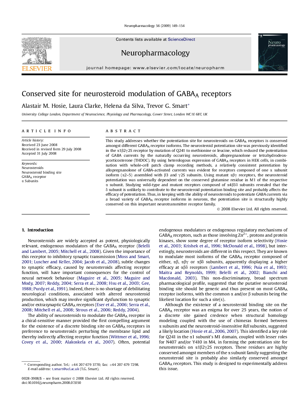 Conserved site for neurosteroid modulation of GABAA receptors