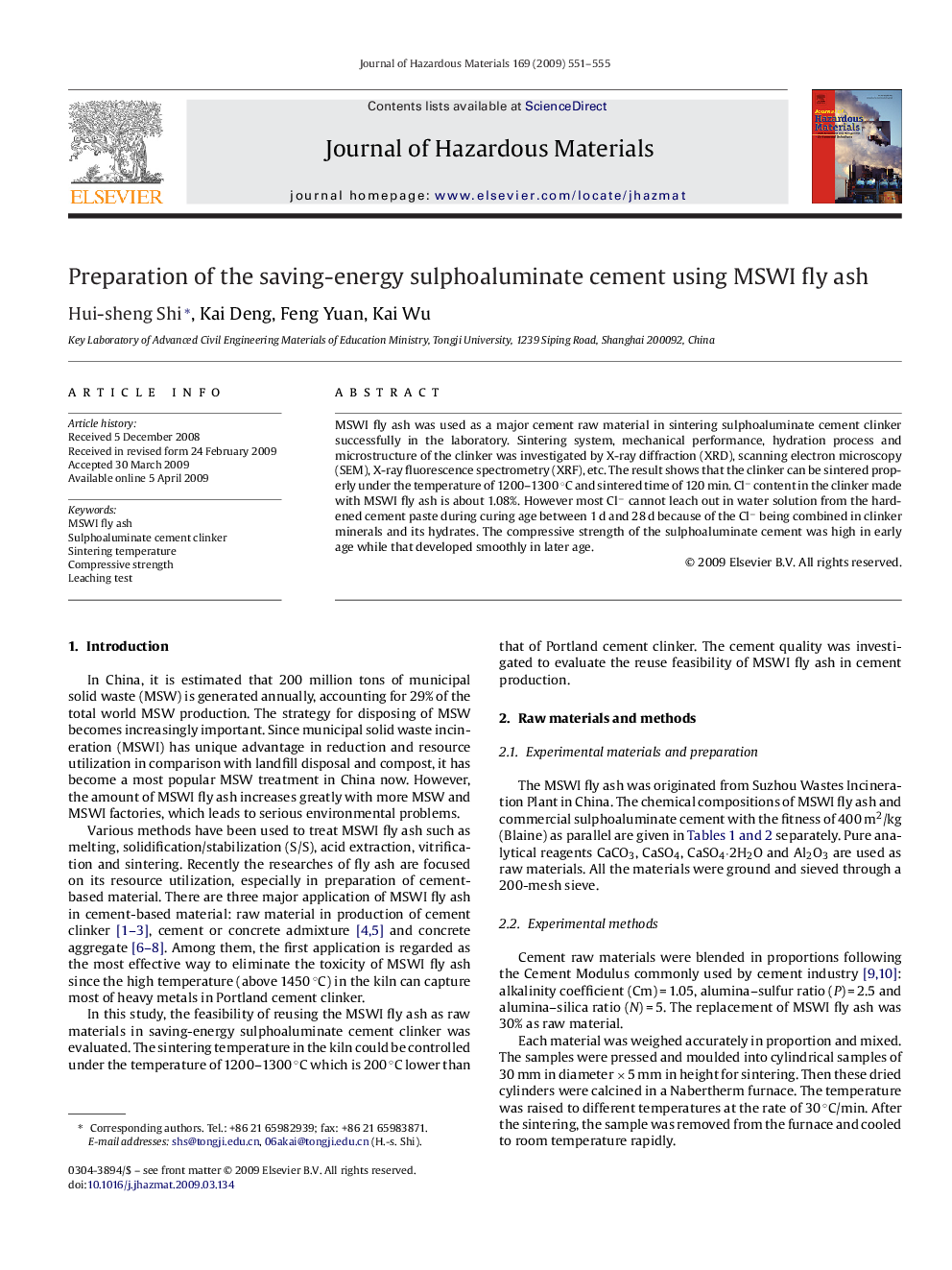 Preparation of the saving-energy sulphoaluminate cement using MSWI fly ash