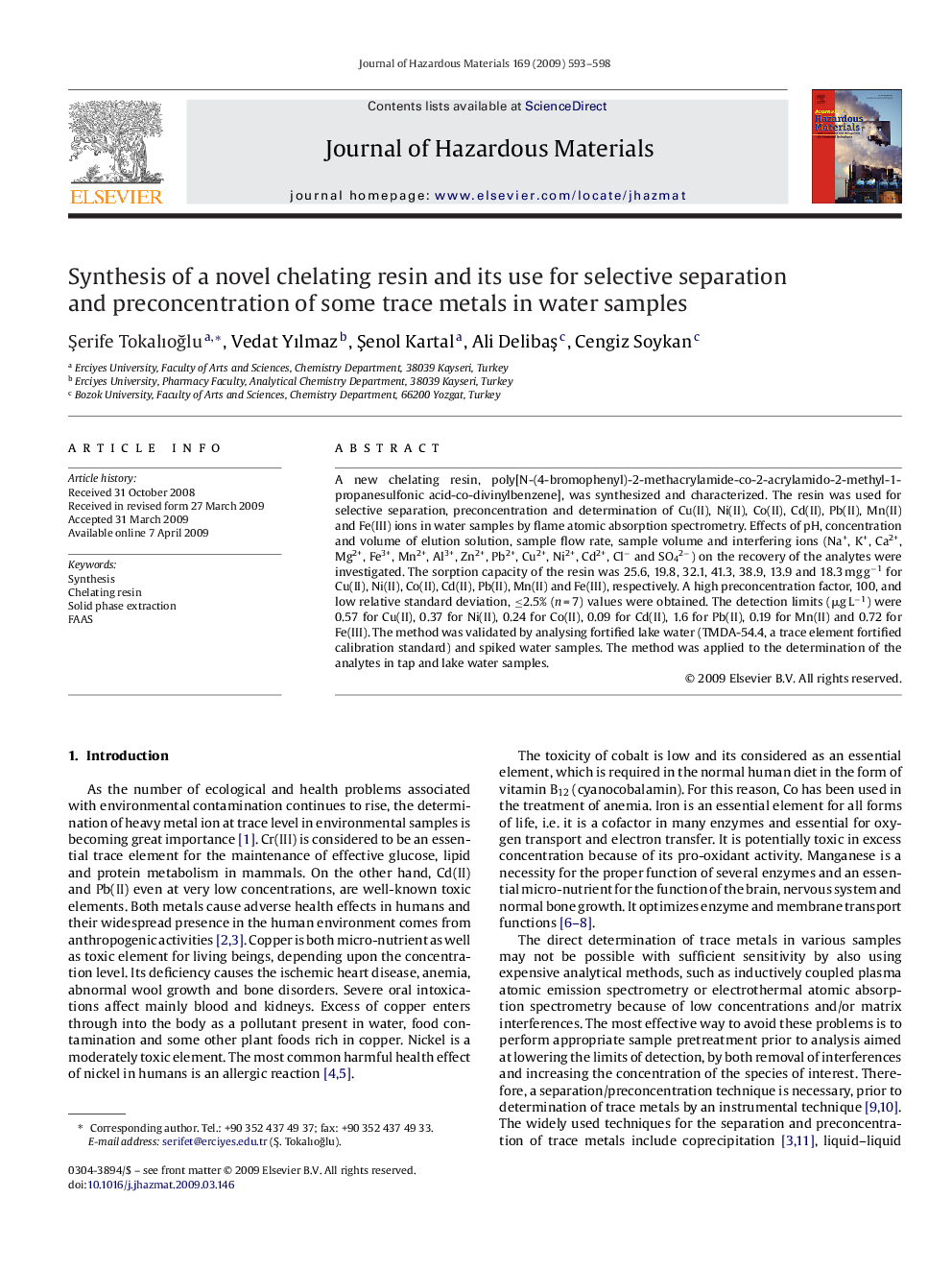 Synthesis of a novel chelating resin and its use for selective separation and preconcentration of some trace metals in water samples