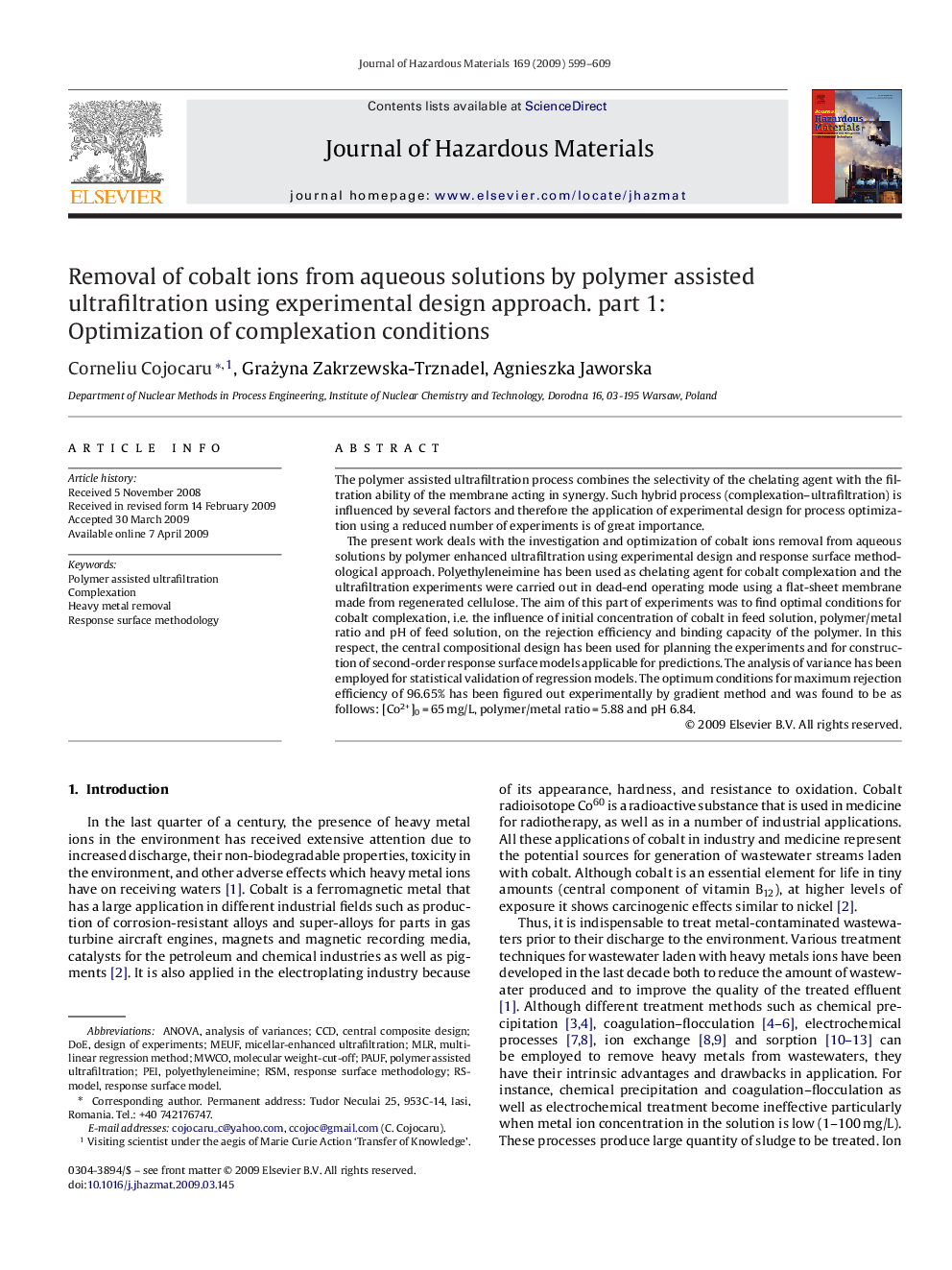 Removal of cobalt ions from aqueous solutions by polymer assisted ultrafiltration using experimental design approach. part 1: Optimization of complexation conditions