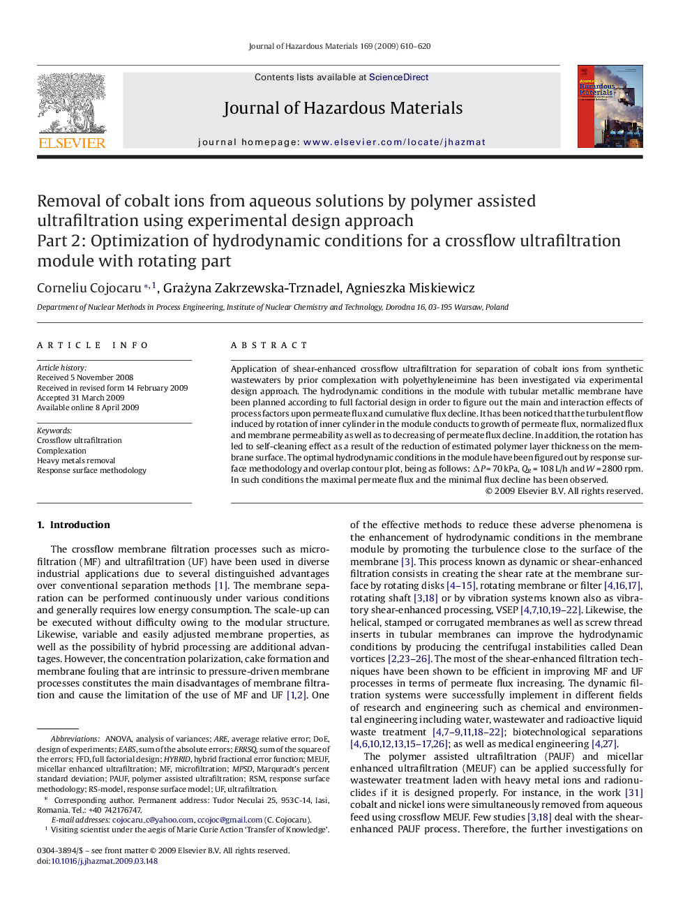 Removal of cobalt ions from aqueous solutions by polymer assisted ultrafiltration using experimental design approach