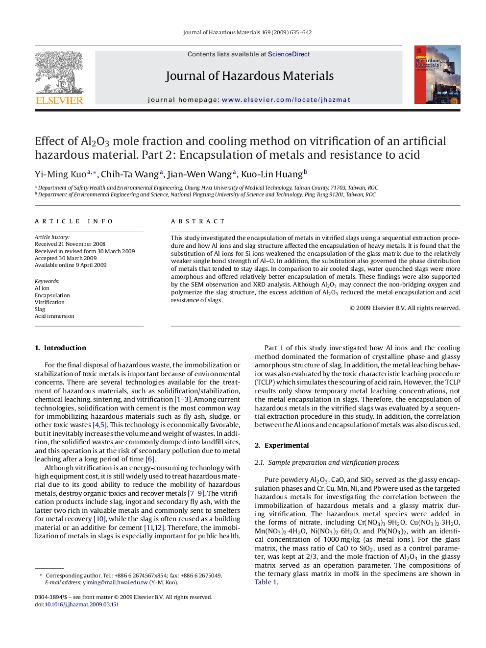 Effect of Al2O3 mole fraction and cooling method on vitrification of an artificial hazardous material. Part 2: Encapsulation of metals and resistance to acid